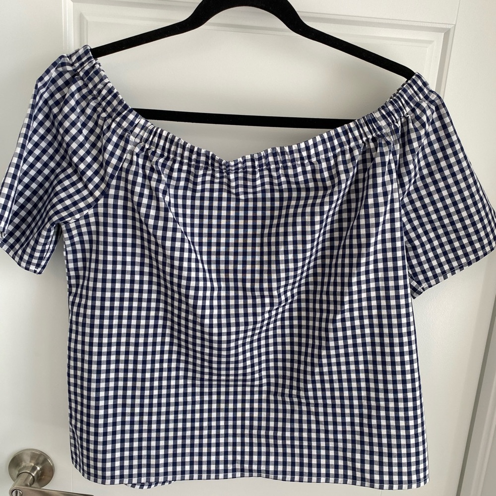 Blue Gingham Off-The-Shoulder Blouse - Picture 8 of 8